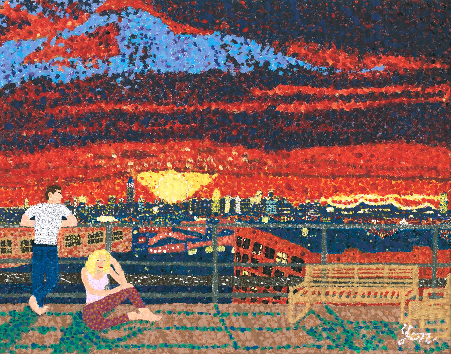Pointillist painting of a blood-red golden hour behind figures on a Brooklyn rooftop