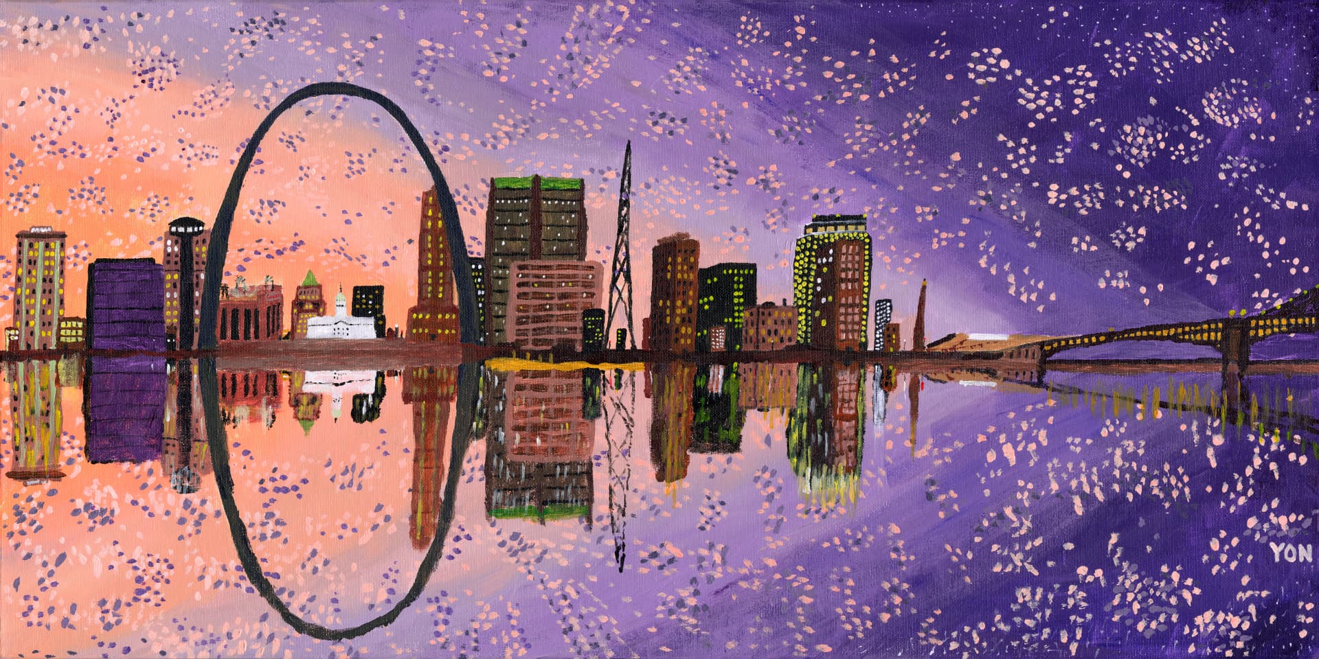 Painting of the Gateway Arch reflecting on the Mississippi River at dusk
